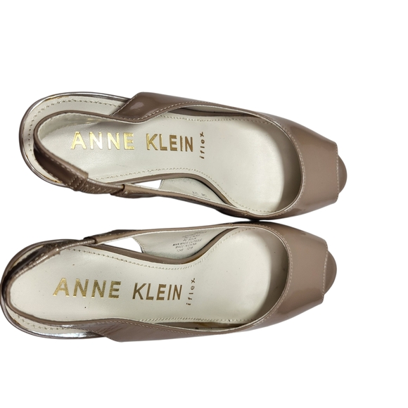 Anne Klein Tan Nude Peep Toe Slingback Heels 3" 7.5 Patent Leather iFlex Maurise - Picture 5 of 9